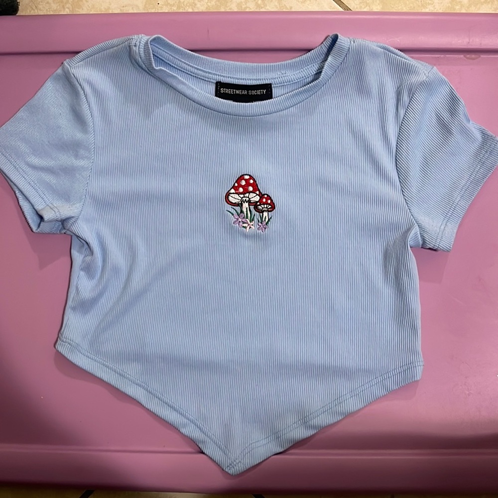 Light blue crop too with a V cut (mushroom design)